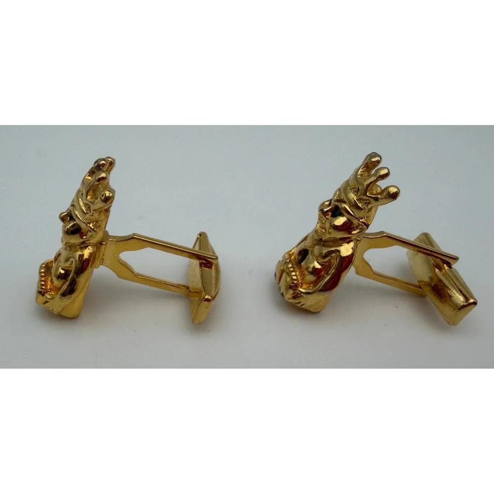 Vintage‎ Gold Tone King Figural Cufflinks Green Red Stone Accents Pat 2974381